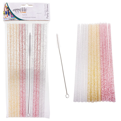 Appetito Reusable Sparkle Party Straws 25cm with Brush 12pcs