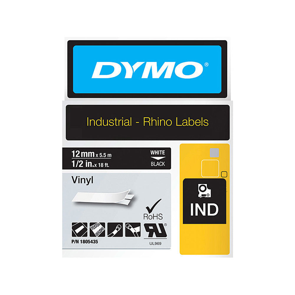 Dymo Rhino White op zwarte vinyltape