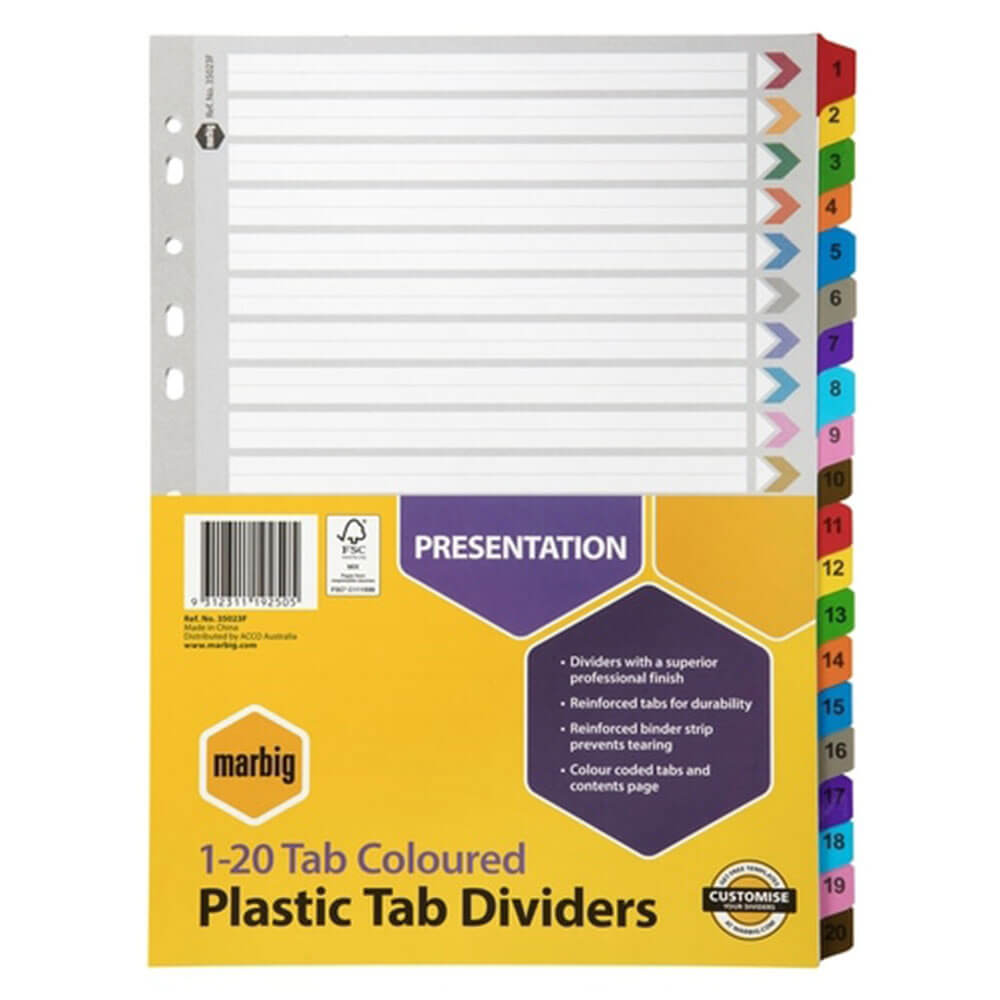 Marbig Manilla Plastic Tab Dividers A4 (farget)