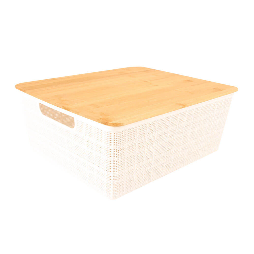 Panier de rangement en plastique avec couvercle en bambou (blanc)