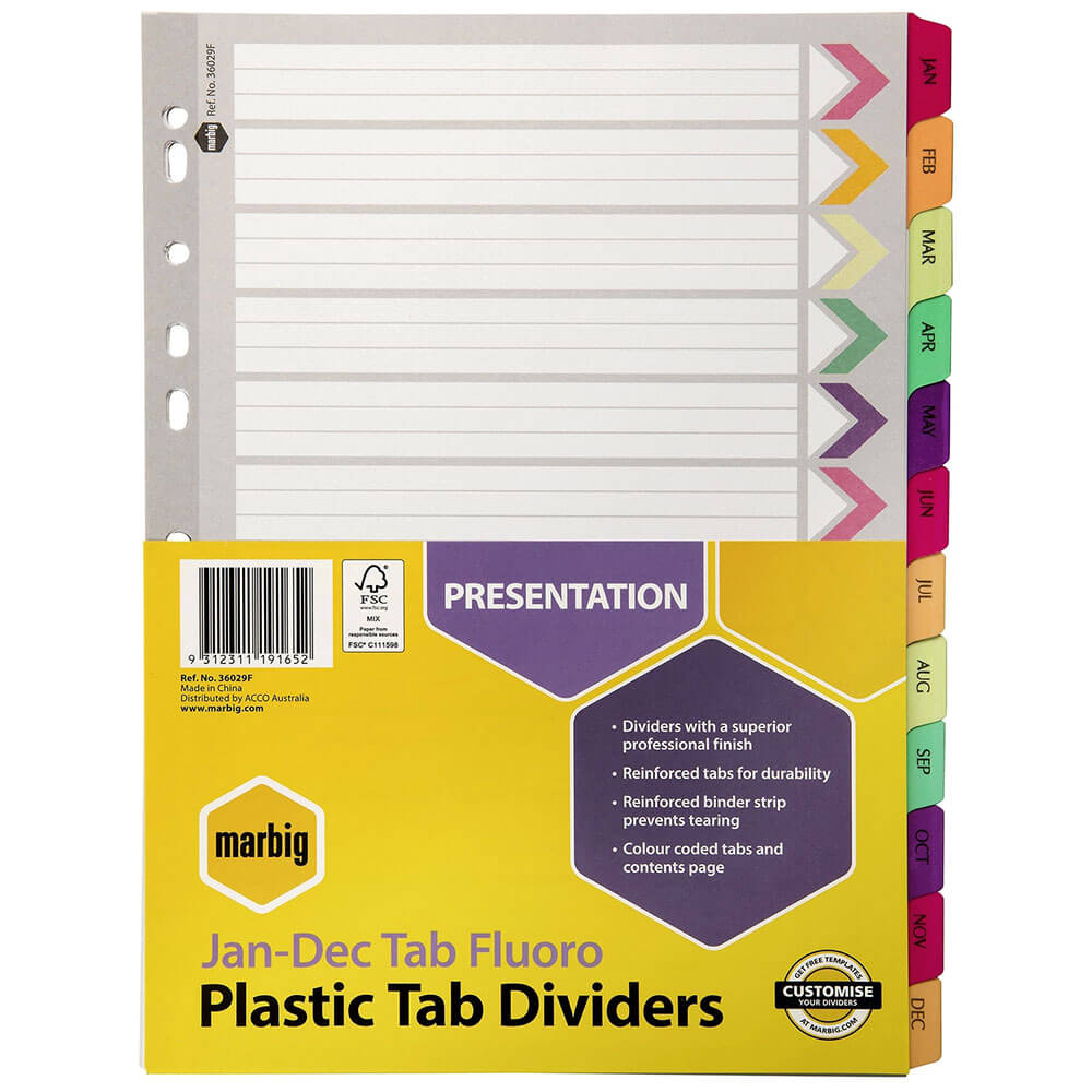 Marbig Jan-Dec Manilla Plastic Tab Dividers (A4)